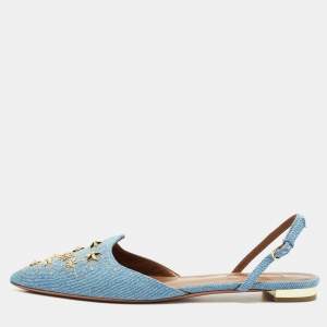 Pre Owned Aquazzura Blue Denim Star Studded Pointed Toe Slingback Sandals Size 37.5