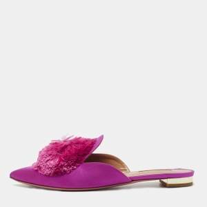 Pre Owned Aquazzura Pink Satin Powder Puff Pom Pom Mules Size 38.5