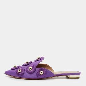 Pre Owned Aquazzura Purple Fabric Sunflower Embellished Mules Size 38.5