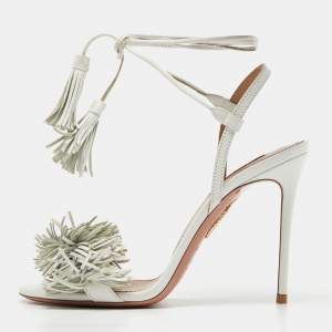 Pre Owned Aquazzura White Leather Fringes Ankle Strap Sandals Size 36.5