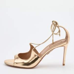 Pre Owned Aquazzura Gold Leather Leather Sofia Open Toe Ankle Tie Sandals Size 39