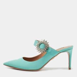 Pre Owned Aquazzura Green Canvas Crystal Embellished Blossom Pointed Toe Mules Size 38  