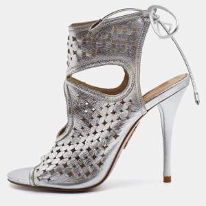 Pre Owned Aquazzura Silver Laser Cut Leather Sexy Thing Sandals Size 36.5