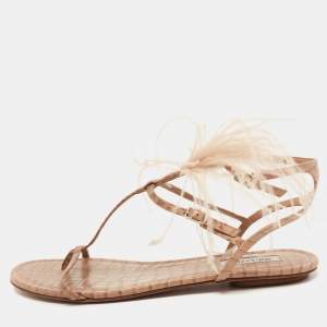 Pre Owned Aquazzura Beige Croc Embossed Leather and Feather Trim T-Strap Flat Sandals Size 39