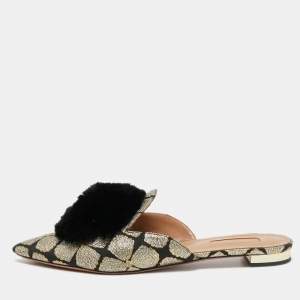 Aquazzura Black Brocade Fabric Powder Puff Pom Pom Flat Mules Size 39