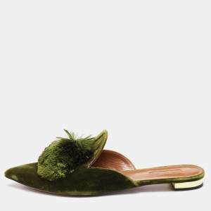 Pre Owned Aquazzura Green Velvet Powder Puff Pom Pom Flat Mules Size 40
