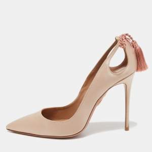 Pre Owned Aquazzura Beige Satin Forever Marilyn Cut Out Tassel Detail Pumps Size 38.5