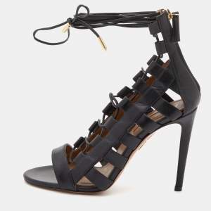 Pre Owned Aquazzura Black Leather Amazon Open Toe Lace Up Sandals Size 36.5