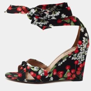 Pre Owned Aquazzura Multicolor Fabric Cherry Blossom Print  Wedge Ankle Wrap Sandals Size 41