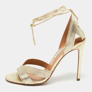 Pre Owned Aquazzura Metallic Gold Leather Nathalie Ankle Wrap Sandals Size 37