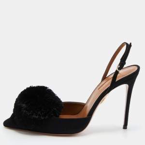 Aquazzura Black Suede Powder Puff Pointed Toe Slingback Pumps Size 38