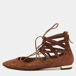 Pre Owned Aquazzura Brown Suede Dancer Ankle Tie Ballet Flats Size 39.5