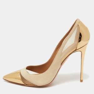 Pre Owned Aquazzura Beige/Gold Suede, Leather and Mesh Savoy Pumps Size 38   