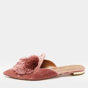 Pre Owned Aquazzura Pink Velvet  Powder Puff Pom Pom Mules Size 36.5
