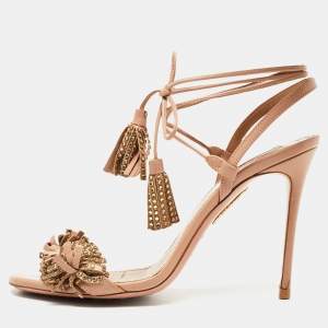 Pre Owned Aquazzura Pink Leather Embellished Tassel Wild Thing Ankle Tie Sandals Size 39