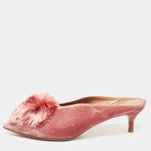 Pre Owned Aquazzura Pink Velvet Powder Puff Pompom-embellished Mule Sandals Size 37