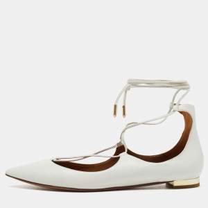 Pre Owned Aquazzura White Leather Christy Lace Up Ballet Flats Size 37.5