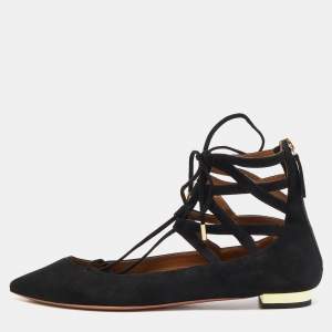 Pre Owned Aquazzura Black Suede Belgravia Ankle Wrap Flats Size 38