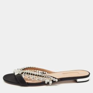 Aquazzura Black Satin Crystal Embellished Slide Sandals Size 38