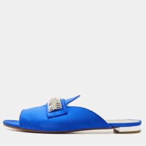 Pre Owned Aquazzura Blue Satin and Crystal Slide Flats Size 38