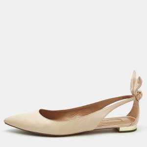 Pre Owned Aquazzura Cream Leather Bow Tie Pointed Toe Ballet Flats Size 40