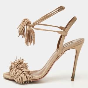 Pre Owned Aquazzura Beige Suede Wild Thing Fringe Ankle Wrap Sandals Size 37