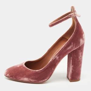 Pre Owned Aquazzura Pink Velvet Alix Ankle Strap Block Heel Pumps Size 38