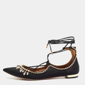 Pre Owned Aquazzura Black Satin Crystal Embellished Christy Ankle-Wrap Ballet Flats Size 37