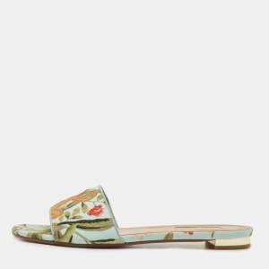 Pre Owned Aquazzura Green Brocade Fabric Slide Flats Size 37.5