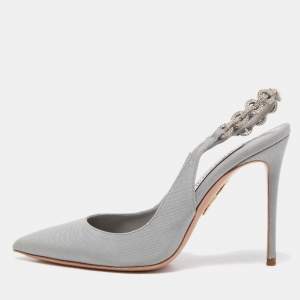 Pre Owned Aquazzura Grey Canvas Love Link Slingback Pumps Size 36