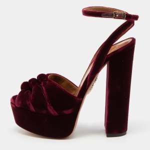 Pre Owned Aquazzura Burgundy Velvet Mira Block Heel Platform Ankle Strap Sandals Size 36