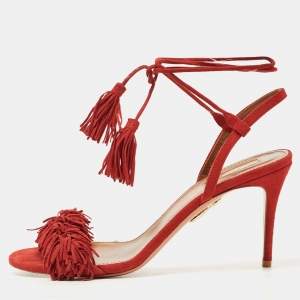 Pre Owned Aquazzura Red Suede Wild Thing Ankle Tie Sandals Size 38