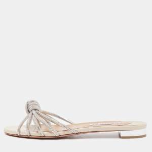 Pre Owned Aquazzura Silver Leather Crystal Embellished Celeste Slide Flats Size 40 
