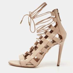 Aquazzura Beige Leather Gladiator Ankle Wrap Sandals Size 39.5