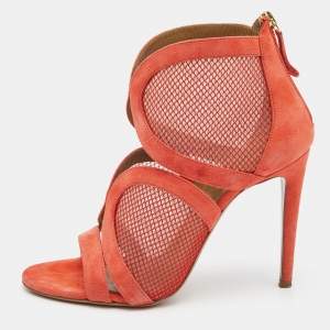 Pre Owned Aquazzura Coral Pink Suede and Mesh Cut Out Ankle Sandals Size 38.5