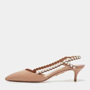 Pre Owned Aquazzura Brown Leather Pearl Embellished Slingback Pumps Size 37