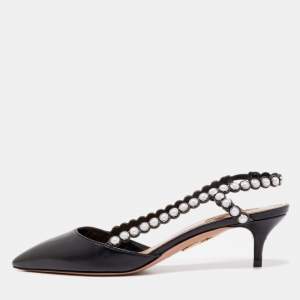 Pre Owned Aquazzura Black Leather Pearl Embellished Slingback Pumps Size 37