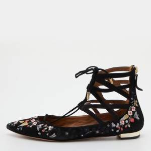 Pre Owned Aquazzura Black Suede Floral Embroidered Lace Up Ballet Flats Size 38.5