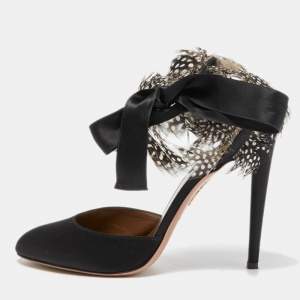 Pre Owned Aquazzura Black/Brown Satin and Polka Dot Feather Madison Pumps Size 39