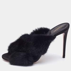 Pre Owned Aquazzura Black Mink Fur Cross Strap Slide Sandals Size 40