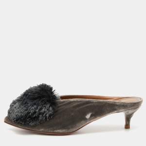 Pre Owned Aquazzura Grey Velvet Powder Puff Mules Size 36.5 