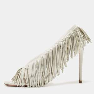 Pre Owned Aquazzura White Leather Wild Fringe Sandals Size 39