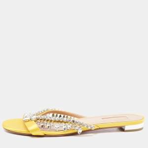 Pre Owned Aquazzura Yellow Satin Crystal Embellished Slide Flats Size 39.5