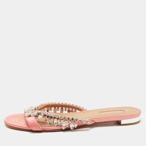 Aquazzura Pink Satin Gem Palace Flat Slides Size 39
