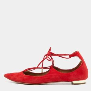 Pre Owned Aquazzura Red Suede Christy Ankle Tie Ballet Flats Size 41 