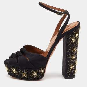 Pre Owned Aquazzura Black Knotted Canvas Mira Star Block Heel Platform Sandals Size 40