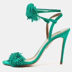 Pre Owned Aquazzura Teal Green Fringed Suede Wild Thing Tasseled Ankle Wrap Sandals Size 38