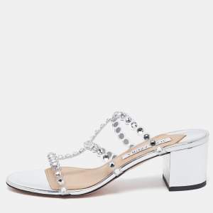Pre Owned Aquazzura Silver/Transparent Leather and Crystal Embellished PVC Tequila Plexi Strappy Sandals Size 37 