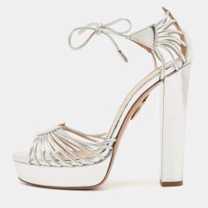 Pre Owned Aquazzura Metallic Silver Leather Josephine Platform Ankle Strap Sandals Size 38