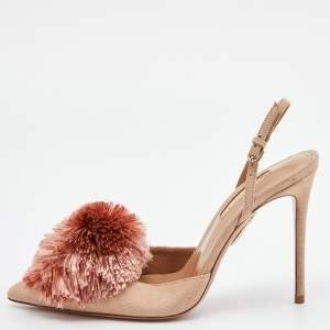 Aquazzura Beige Suede Powder Puff Pointed Toe Slingback Sandals Size 36